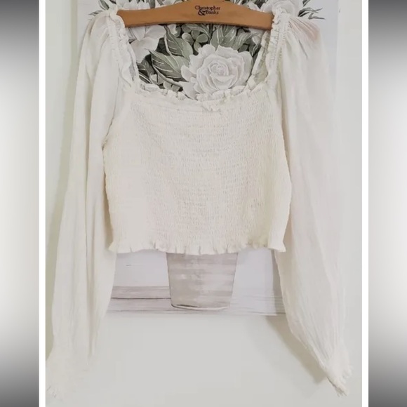 Aerie Square Neck Smocked Long Sleeve Crop Blouse White - Picture 2 of 3